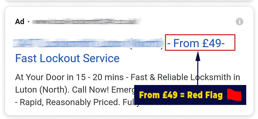 Bait and Switch Locksmith Price Scheme £49 Locksmith Advert