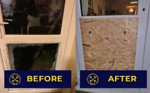 Boarding Up Smashed Window Glass on Door - Before and After
